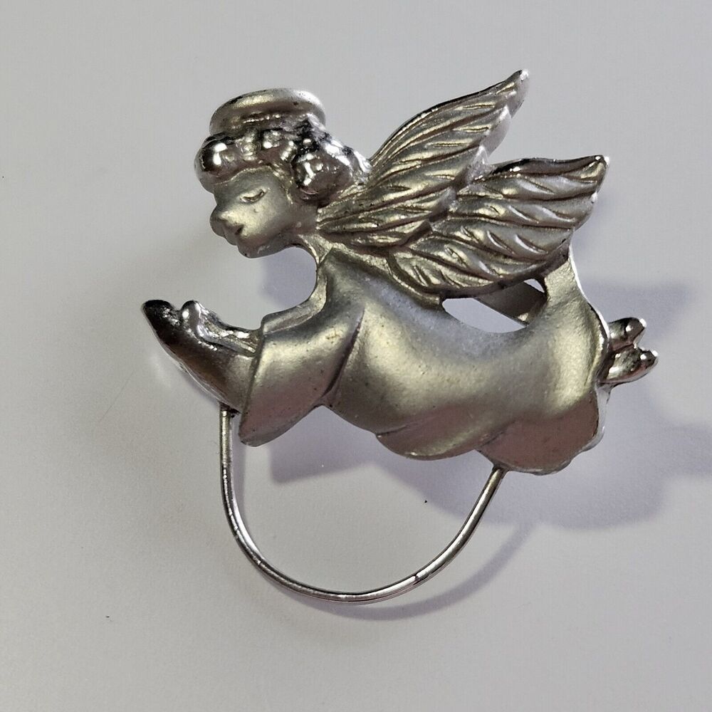 Silver Tone Flying Angel Glasses Holder Brooch
